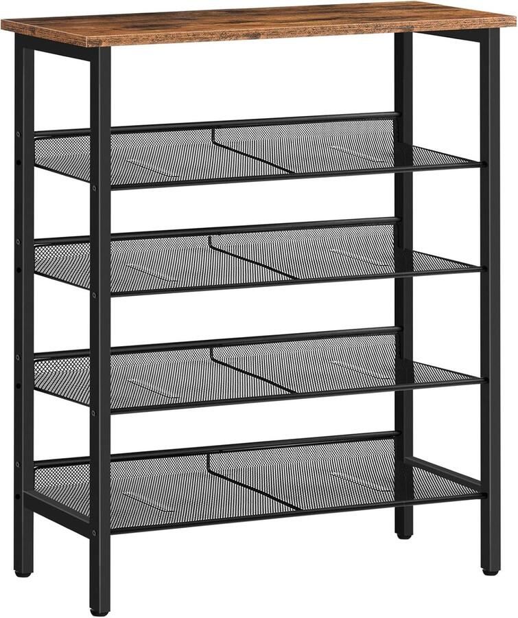 5-laags schoenenkast met verstelbare planken industrieel schoenenrek voor hal of entree vintage bruin zwart