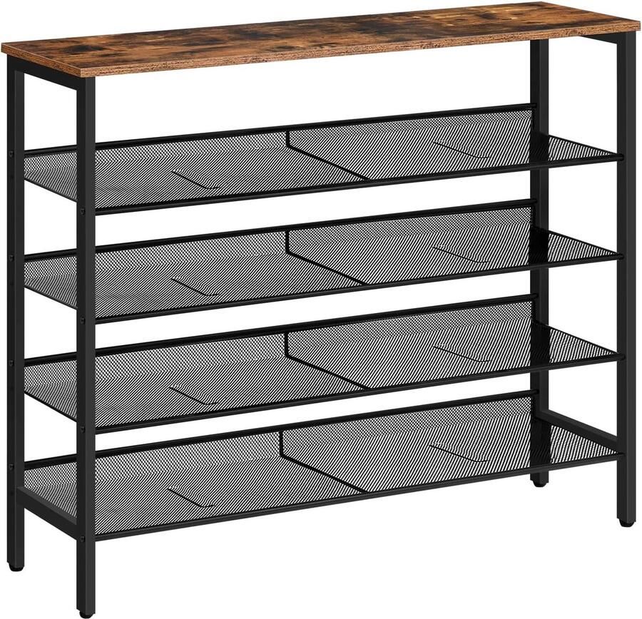 5-laags schoenenkast met verstelbare planken ruimtebesparend schoenenrek voor hal of woonkamer vintage bruin-zwart