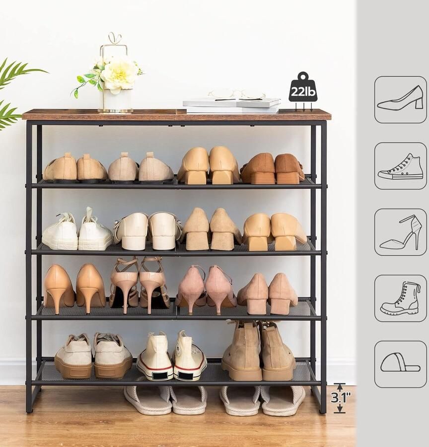 Senza Marchio 5-laags schoenenrek voor 16-20 paar industriële schoenstandaard metalen frame vintage bruin-zwart