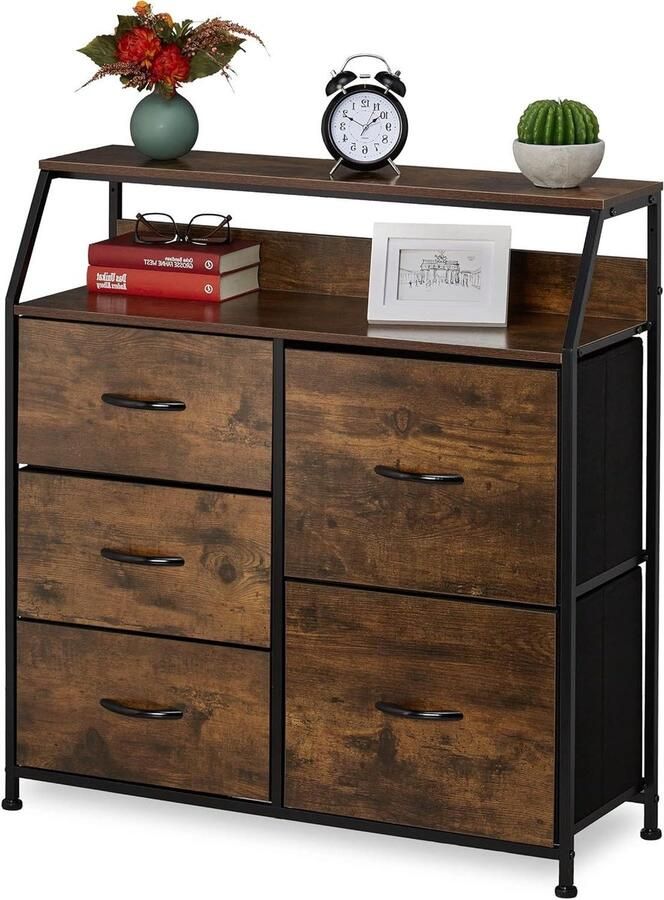 5-lade ladekast met 2 planken voor boeken en decoratie industriële stijl HxBxD: 87x84x32 cm bruin zwart