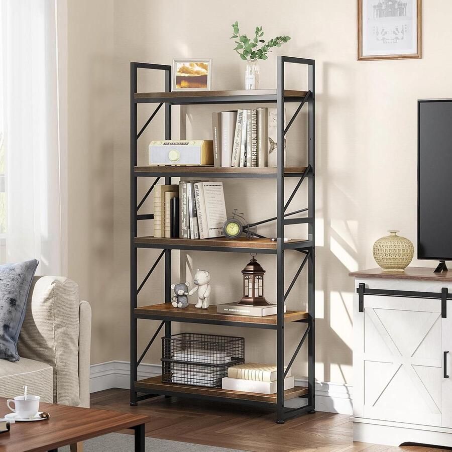 5-niveaus industriële boekenkast Grote staande boekenkast Houten plank en metalen frame Opbergrek voor woonkamer Rustieke bruine boekenplank
