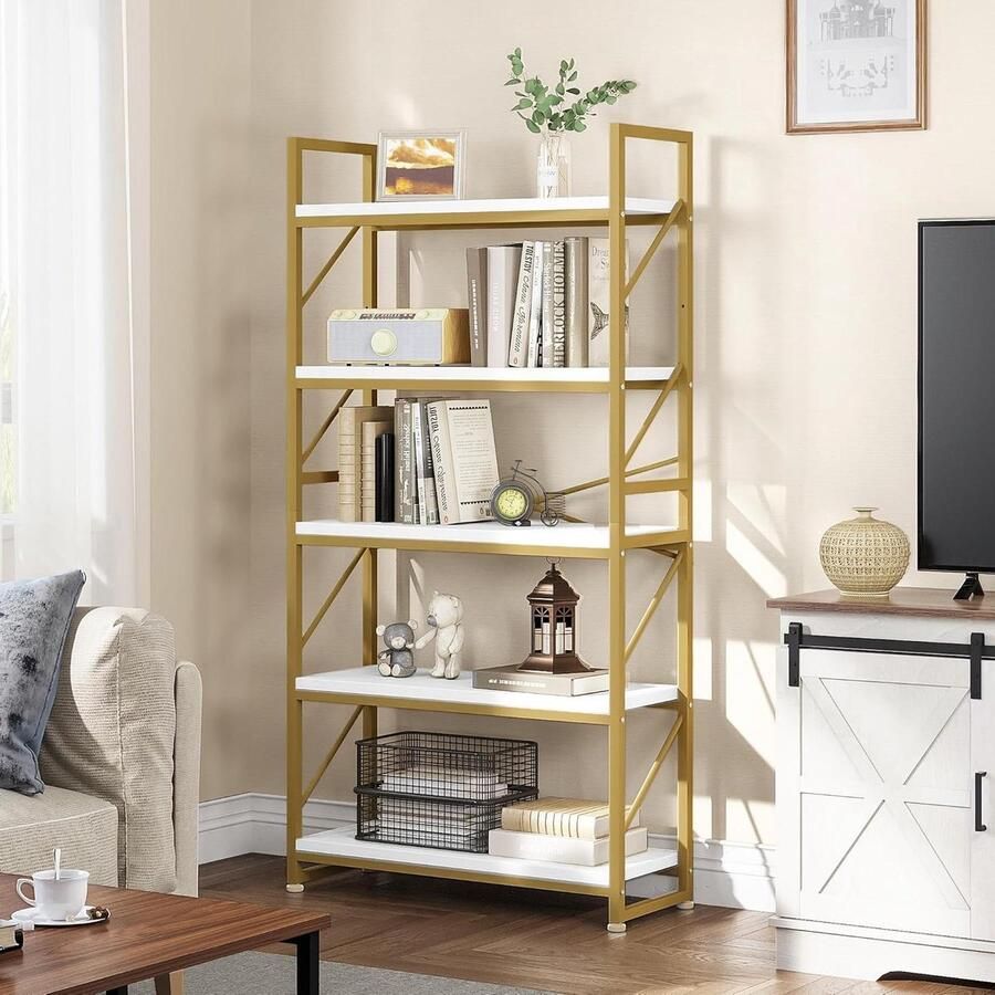 5-niveaus industriële boekenkast grote staande boekenplank houten plank en metalen frame opbergrek voor woonkamer thuiskantoor