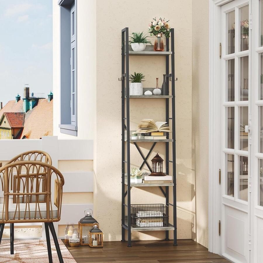 5-niveaus industriële ladderplank staande boekenkast houten metalen frame moderne rekken voor woonkamer grijze boekenplank