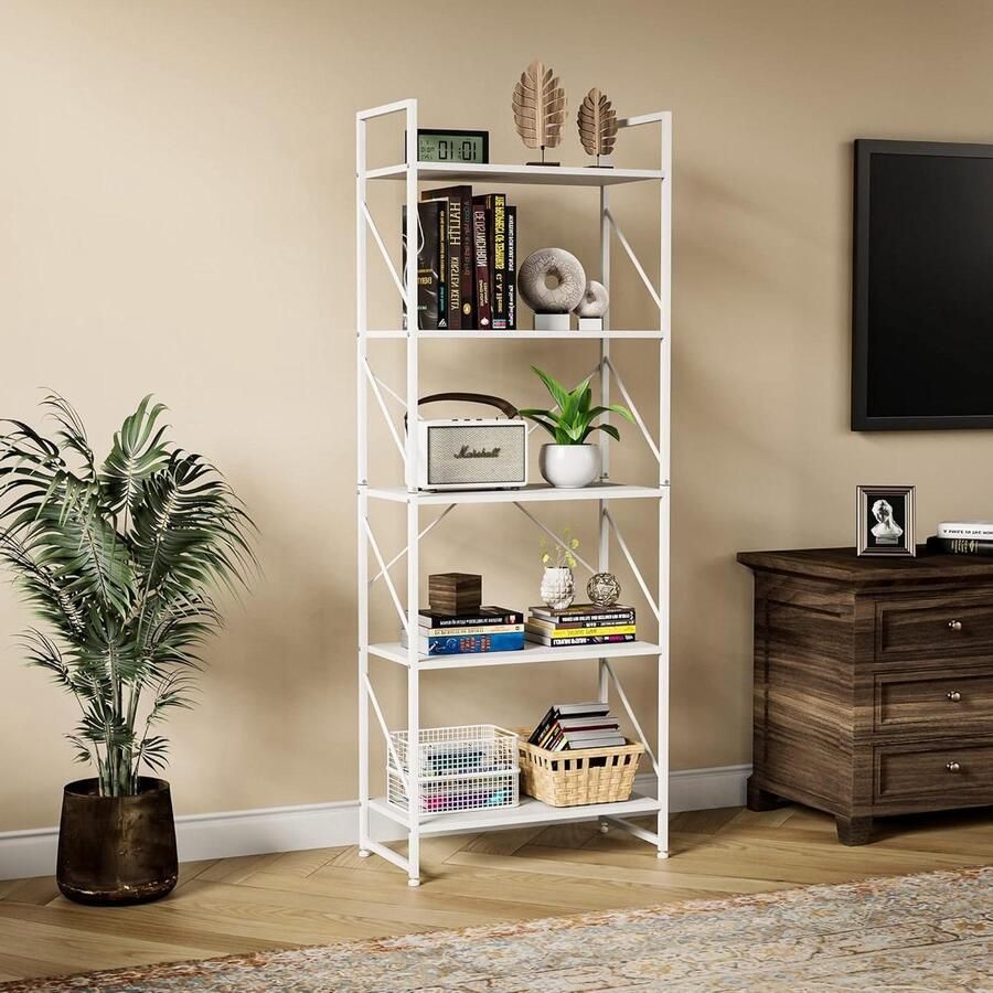 5-niveaus vloerstaande boekenkast houten boekenplank metaal frame opbergrek woonkamer thuiskantoor puur wit