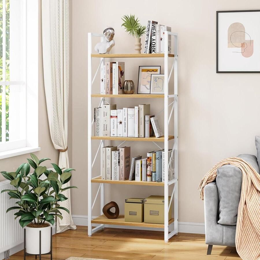 5-niveaus vloerstaande houten boekenkast met metalen frame wit en eiken boekenplank