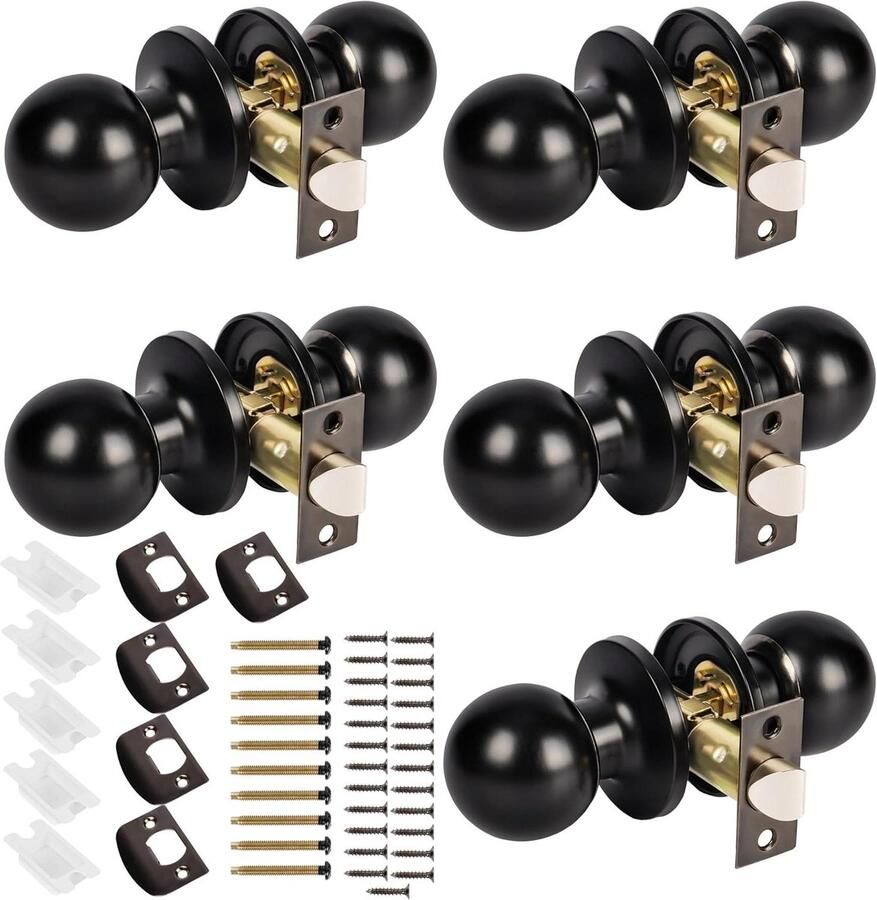 5 Pack Round Matte Black Keyless Door Locks Interior Passage Stainless Steel Door Knob Set Non-Locking Handle Knobs for Closet Hallway Bedroom Bathroom