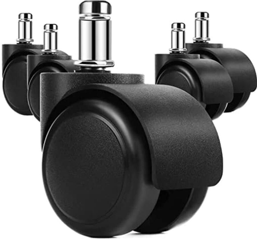 5-Pack Zware Universele Rolstoelwielen 5 cm Zachte PU Loopwielen voor Parket & Tapijt Beschermt Uw Vloer tegen Krassen Universele Aansluiting voor 99% van de Kantoorstoelen Eenvoudig te Monteren zonder Gereedschap (Zwart)