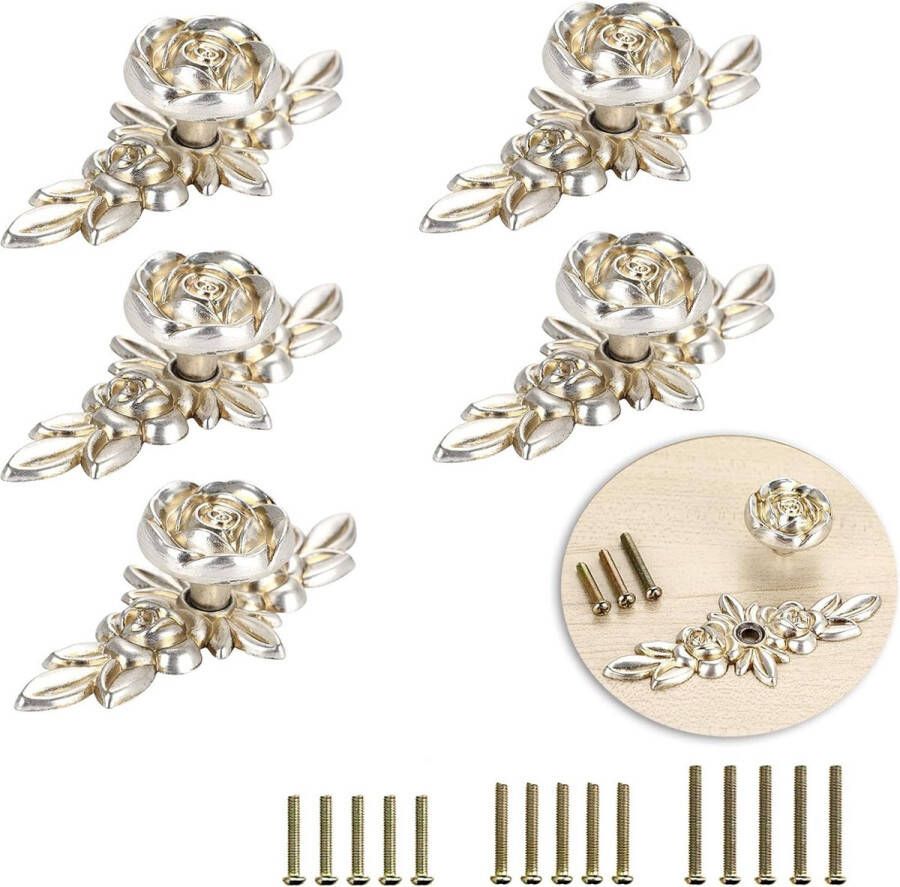 5-packs Rose ladeknoppen trekhandgrepen voor kast kledingkast dressoir met plaat decoratieve meubelknop voor thuis (100 mm antiek zilver)