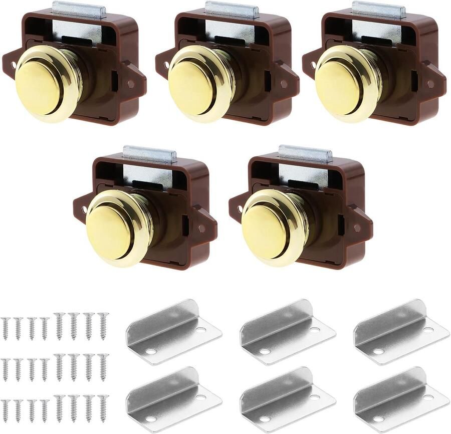 5 Pcs Push Button Lock Keyless Push Button Cabinet Lock Cabinet Door Knob Locking for RV Yachts Boat RV Caravan (Brown)