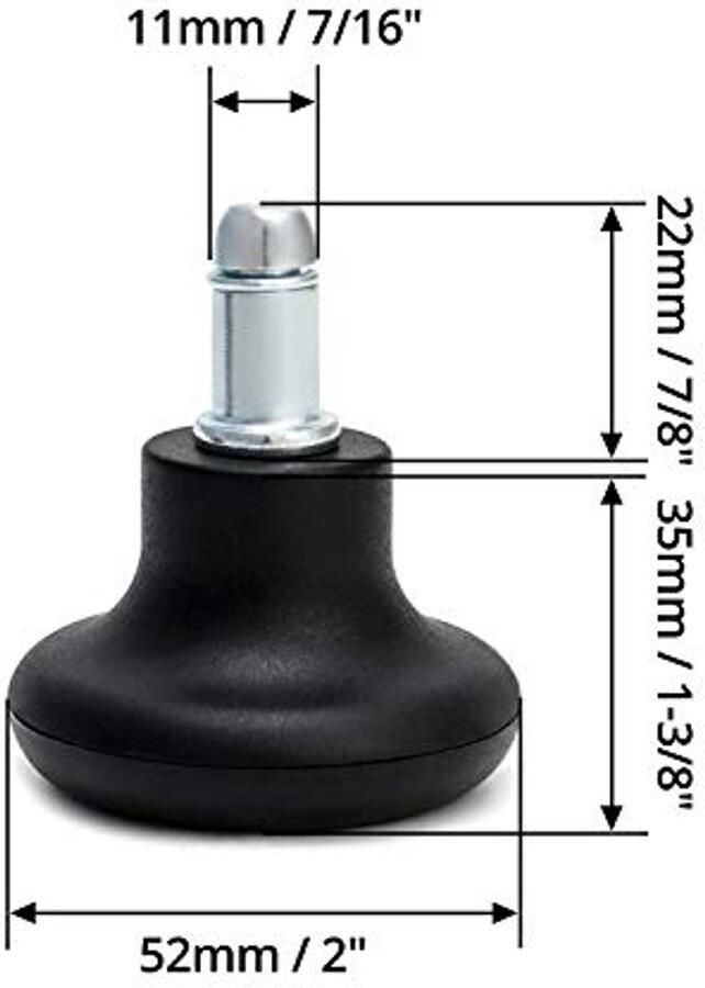 5 stuks 50 mm vervangende bureaustoel glijderstopper bureaustoel zwenkwielen wielen voor bureaustoelwielen zwenkwielen met nylon bodem 11 mm x 22 mm stuurpen stoelvoetglijders zwart