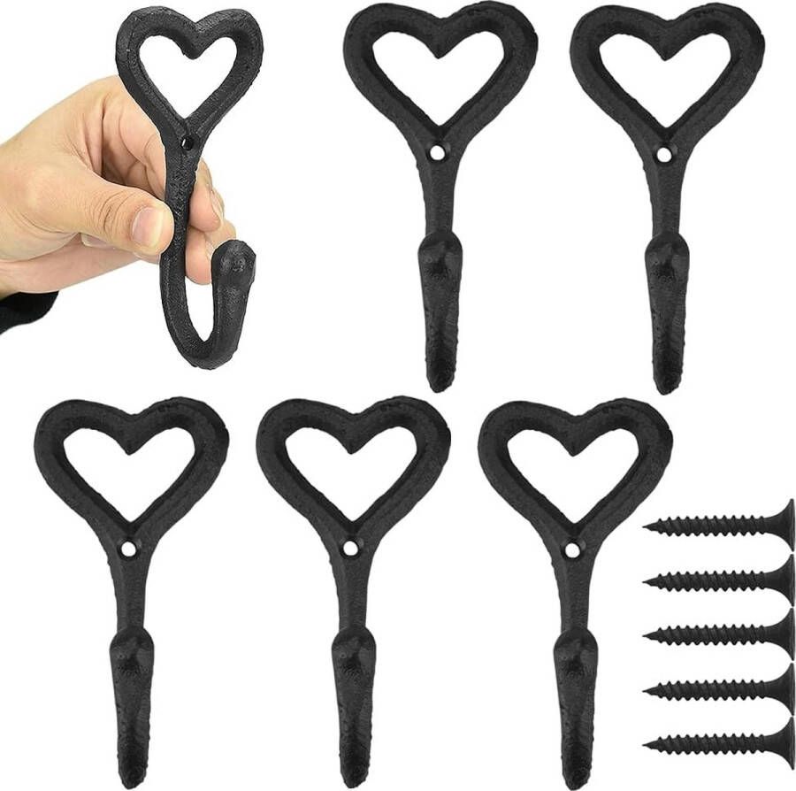 5 stuks garderobehaken met 5 schroeven kledinghaken muur vintage gietijzer wandhaken metalen haken vintage hart kledinghaken muur zwart voor slaapkamer tuin kast garderobehaken - Foto 2
