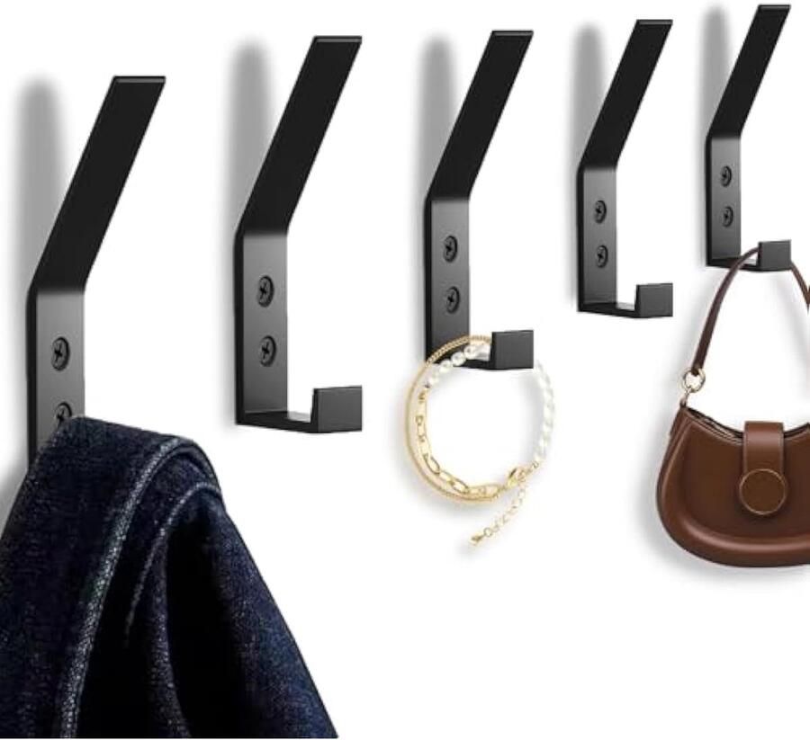 5 Stuks Jashaken Kledinghaken Haakjes om te Schroeven Moderne Kapstokhaken Wandhaken Garderobehaken met Schroef Hoge Sterkte Haken voor Keuken Badkamer en Woonkamer Zwart (Zwart)