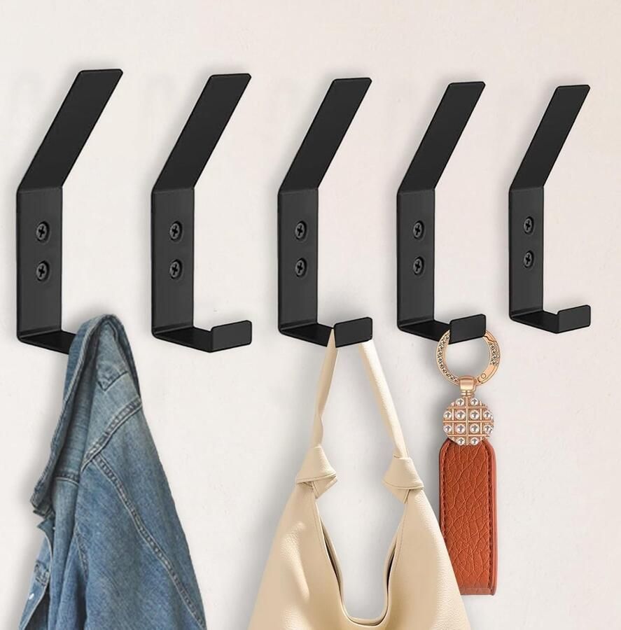 5 Stuks Kapstokhaak Zwart Moderne Wandhaken Roestvrij staal Dubbele haak Verstelbare schroeven