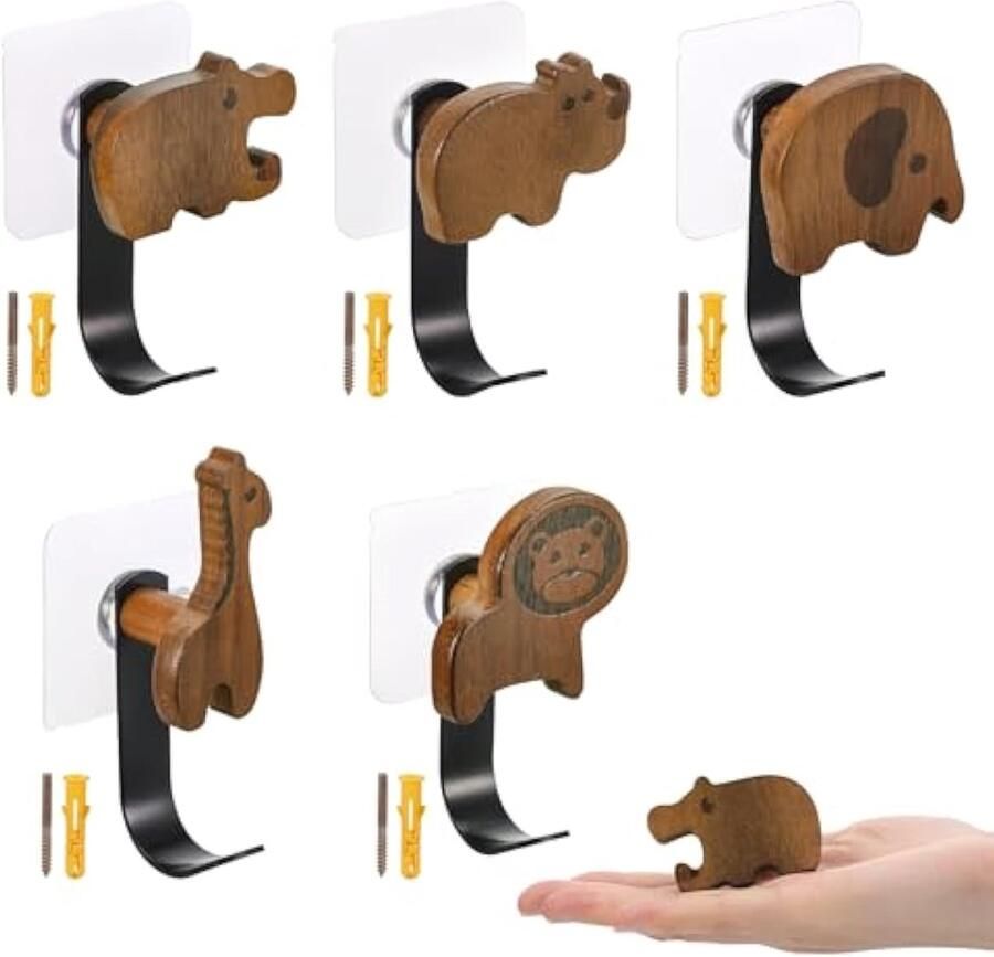 5 stuks kinderkapstokhaken in dierenvorm houten kapstokhaken kinderkapstok zelfklevend of boorbevestiging wandhaken leeuw olifant nijlpaard giraffe neushoorn decoratie