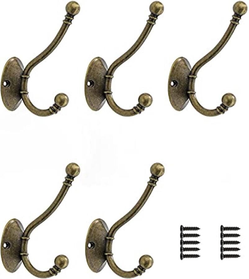 5 Stuks Vintage Bronzen Kapstokhaken Zware Dubbele Wandhaak voor Jas Hoed en Tas