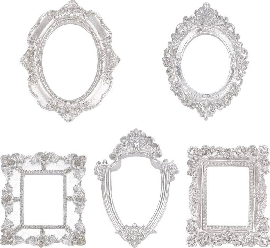 5 stuks vintage hars fotolijsten (5 verschillende vormen en maten) zilveren bloemframe tafel sieraden displayframe voor foto's