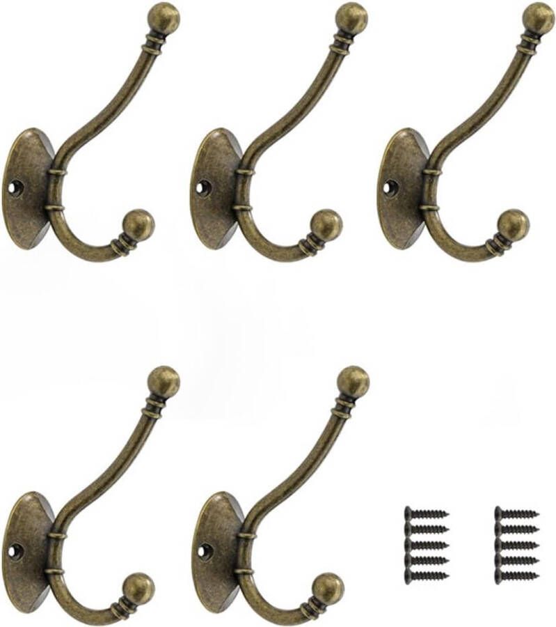 5 stuks Vintage kapstokhaken bronzen vintage kaphaken zware dubbele kapstokhaken wandgemonteerde haak met 10 schroeven voor hangende jas hoed sjaal gewaad en tas Vintage kapstokhaken