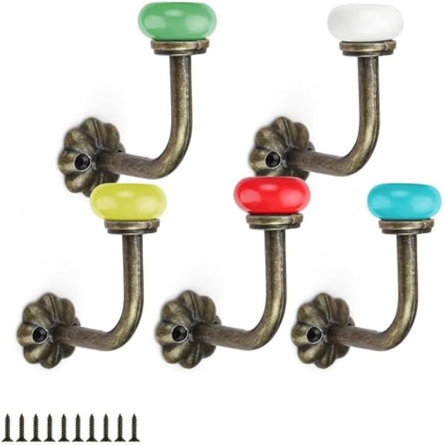5 stuks vintage kledinghaken 5 kleuren decoratieve keramische kapstokken zinklegering garderobehaken vintage met schroeven geschikt voor het ophangen van kleding hoeden