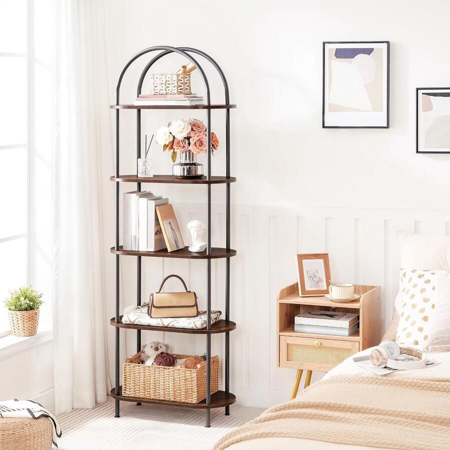 5-Tier Bookshelf – Industrial Standing Bookcase with Curved Design Tall Storage Shelf with Steel Frame Rustic Brown