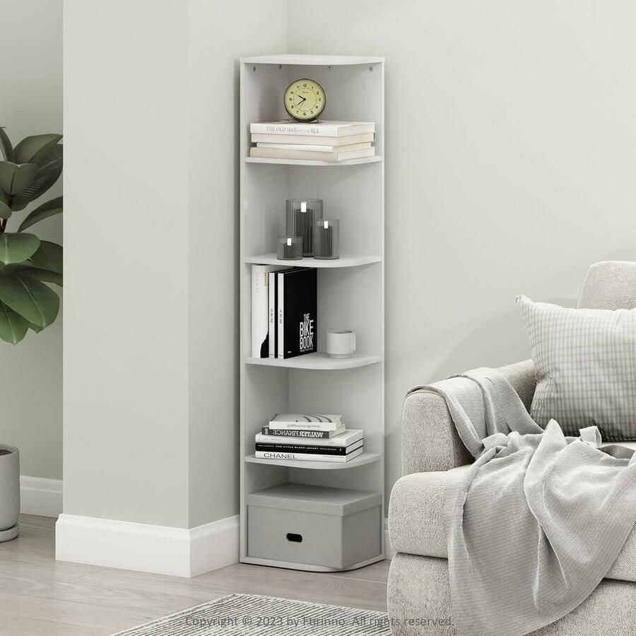 5-Tier Corner Open Shelf Bookcase White Furinno Pasir