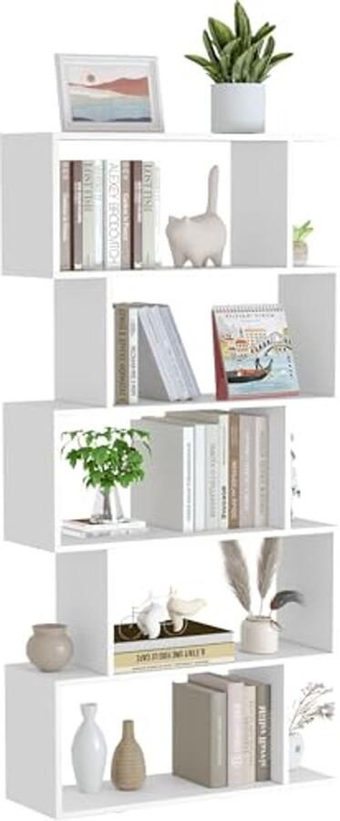 5-Tier Houten Boekenkast in Industrie Stijl Vintage S-Vormige Boekenplank en Decoratieve Divider voor Woonkamer