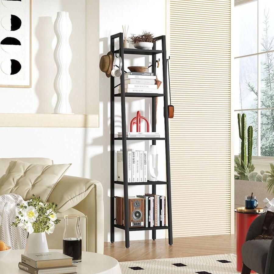 5 Tier Ladder Boekenplank Hoogte 160 cm Boekenkast Vrijstaande Opslag Organizer Planken Rekken Unit voor Woonkamer Slaapkamer Keuken Plant Stand Industrieel Zwart