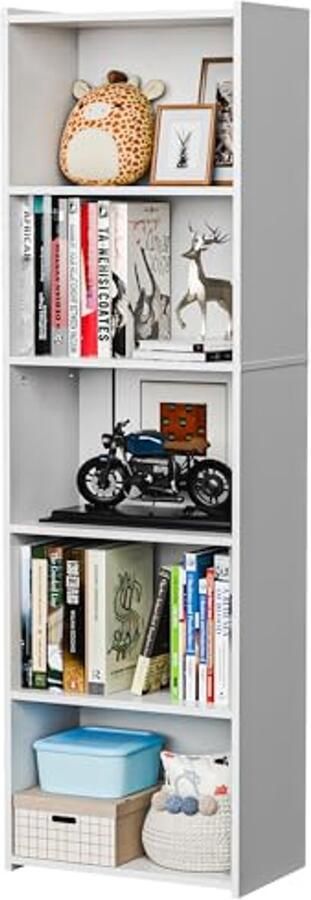 5-Tier Open Plank Boekenkast Smalle Kubus Opbergorganizer voor Kleine Ruimtes Houten Display Rack voor Thuis en Kantoor Wit
