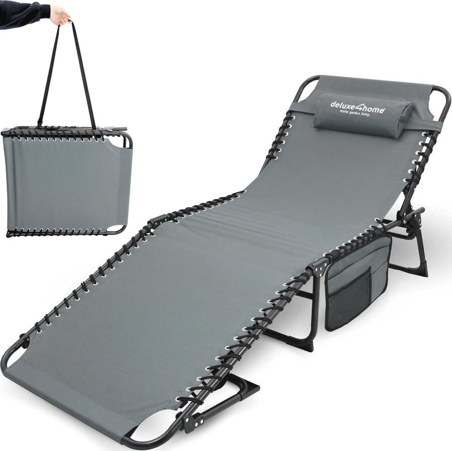 5-traps verstelbare tuinligstoel Inklapbaar met zijzak en draagriem Antraciet campingligstoel