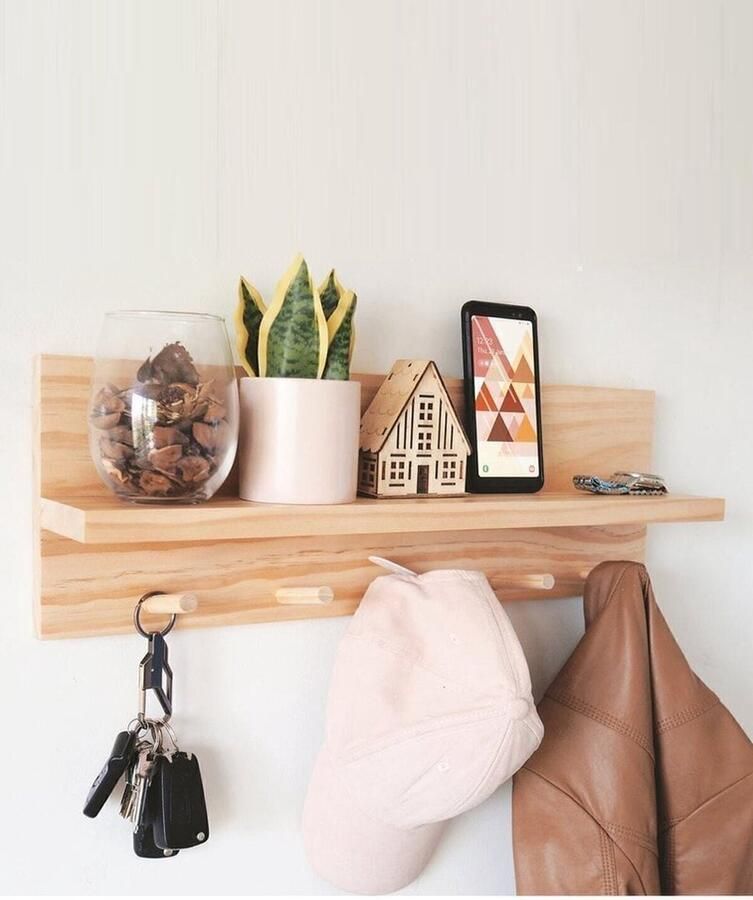 Bofigo 50 cm Decoratieve Kapstok Houten Kapstok met Wandplank Natuurlijk Massief Houten 5 Haken