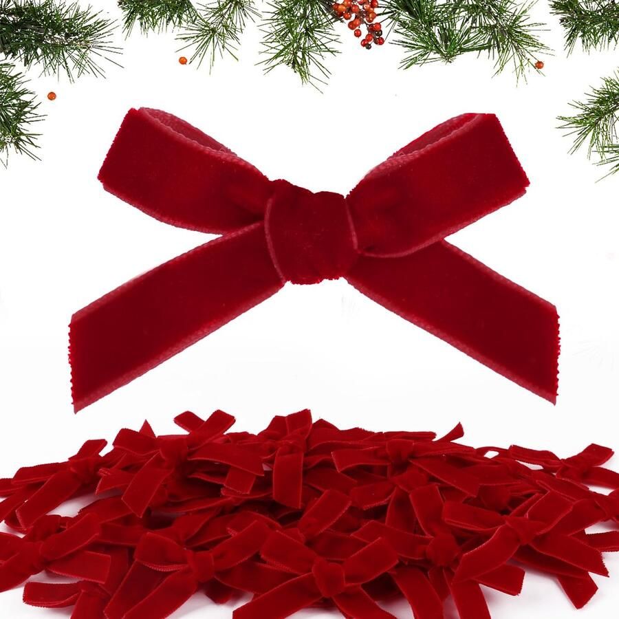 50 Pcs 4.5 cm Red Velvet Christmas Bows Bow Christmas Tree Christmas Wreath Decoration for Door Home DIY Gift