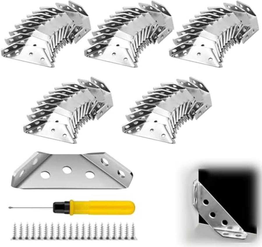 50 Stuks Driehoekige Meubelhoekverbindingen met Schroeven en Schroevendraaiers Roestvrij Staal Hoekklemmen voor Stabiele Meubels