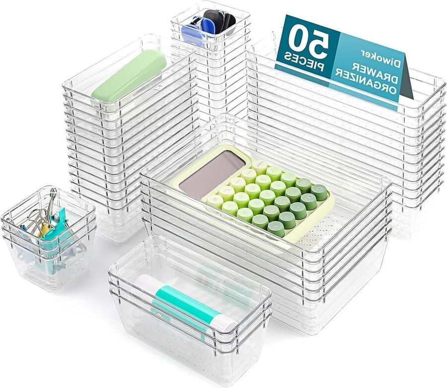 50 Pcs Drawer Organiser with 4 Sizes Makeup Table Storage System Clear Plastic Chest of Drawers Storage Boxes Divider Box Pack of 50