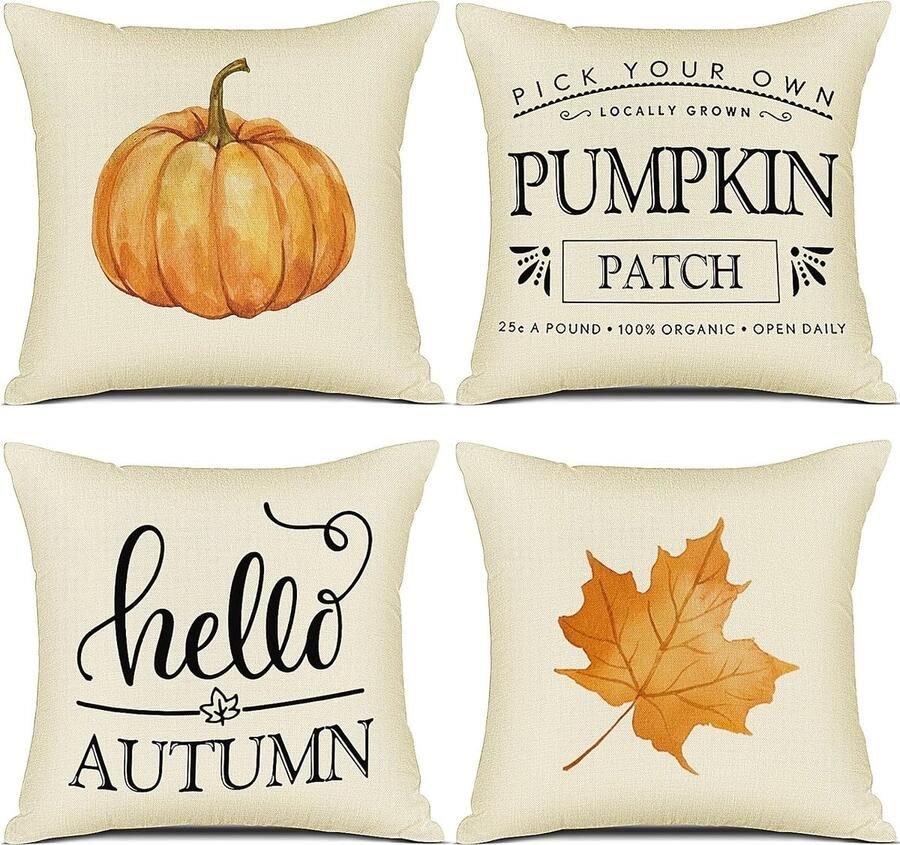 50 x 50 cm set van 4 kussenslopen herfst pompoen decoratief bankkussen linnen herfstdecoratie outdoor pompoenkussen voor slaapkamer woonkamer bank sierkussen