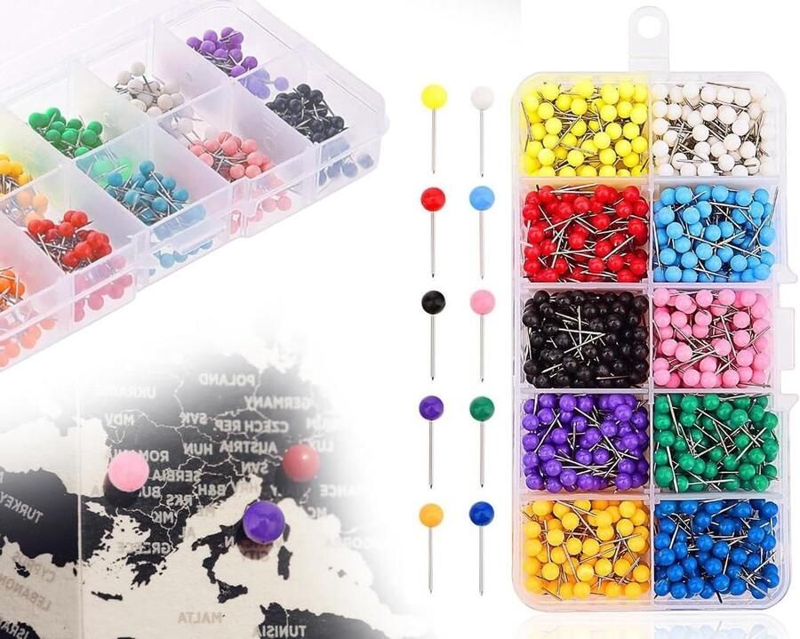 500 stuks kleurrijke plastic kopspelden met opbergdoos en stalen punten (10 kleuren)