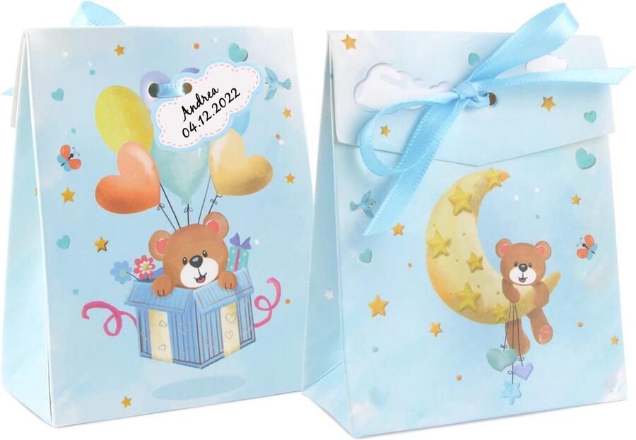 50Pcs Baby Shower Party Gift Bags Cute Cartoon Bear Chocolate Treat Bags with Tags and Ribbon String for Wedding Travel Theme Party Bridal Decoration (Blue)