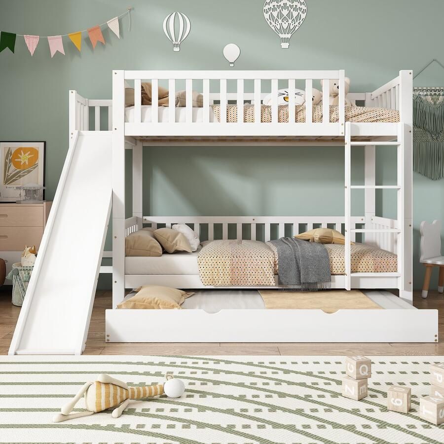 [530525678WAA]Etagenbed met rolbed kinderbed met valsbasbakken met schuifkast en planken met 4-traps rechte leiding Kiefer+MDF Wit 90x200 190cm