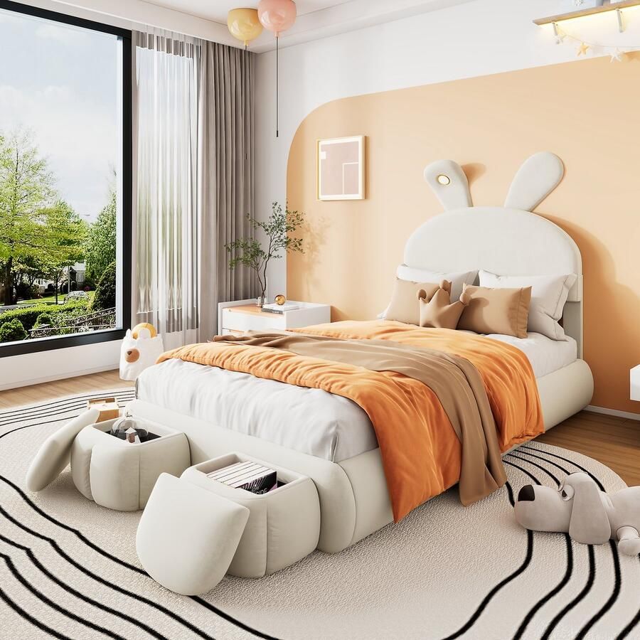 Merax Kinderbed eenpersoonsbed konijnenoren met instelbare lichtsterkte met 2 opbergkrukken beige 90x200cm zonder matras