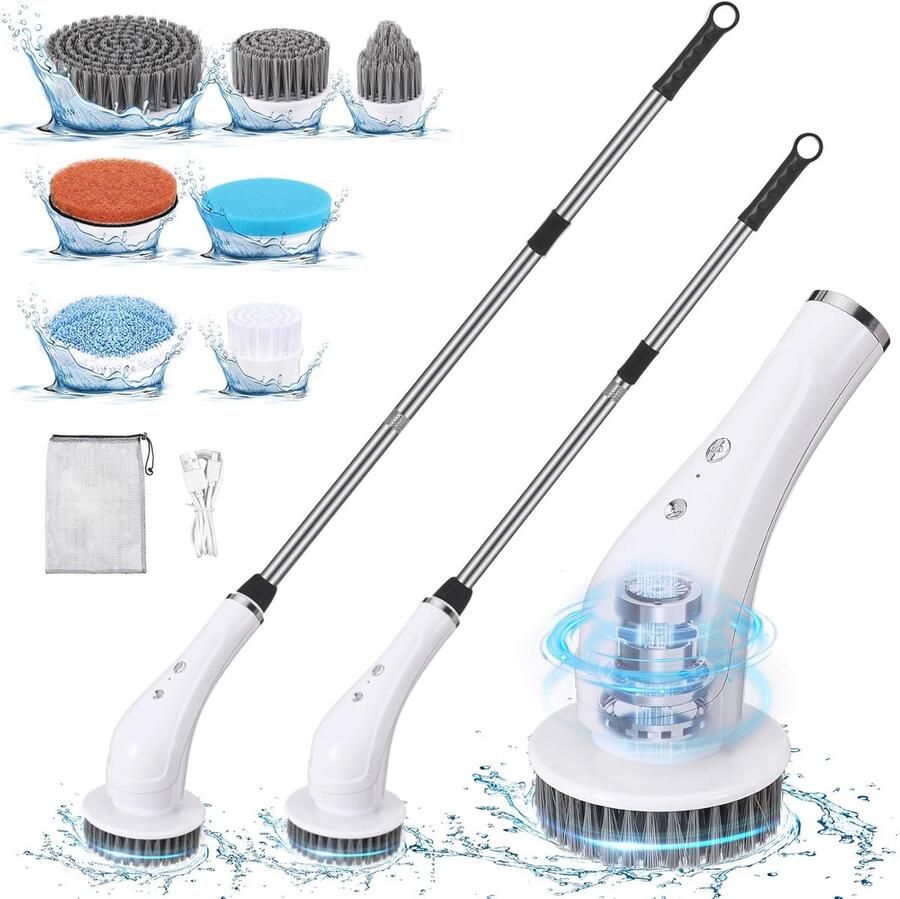 54 Inch Elektrische Spinschrobber Draadloze Reinigingsborstel met 7 Vervangbare Borstelkoppen en 90 Minuten Werktijd