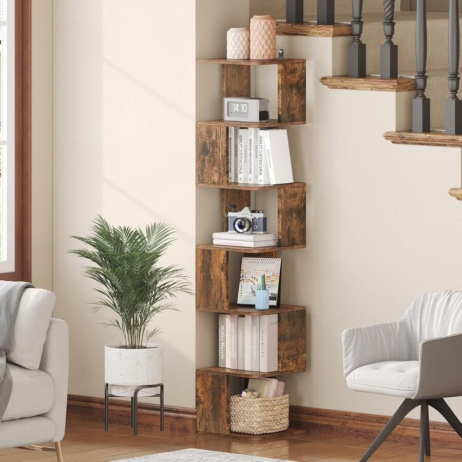 5 6 Tier Hoek Boekenkast Houten S-vormige Vrijstaande Plank voor Woonkamer en Kantoor