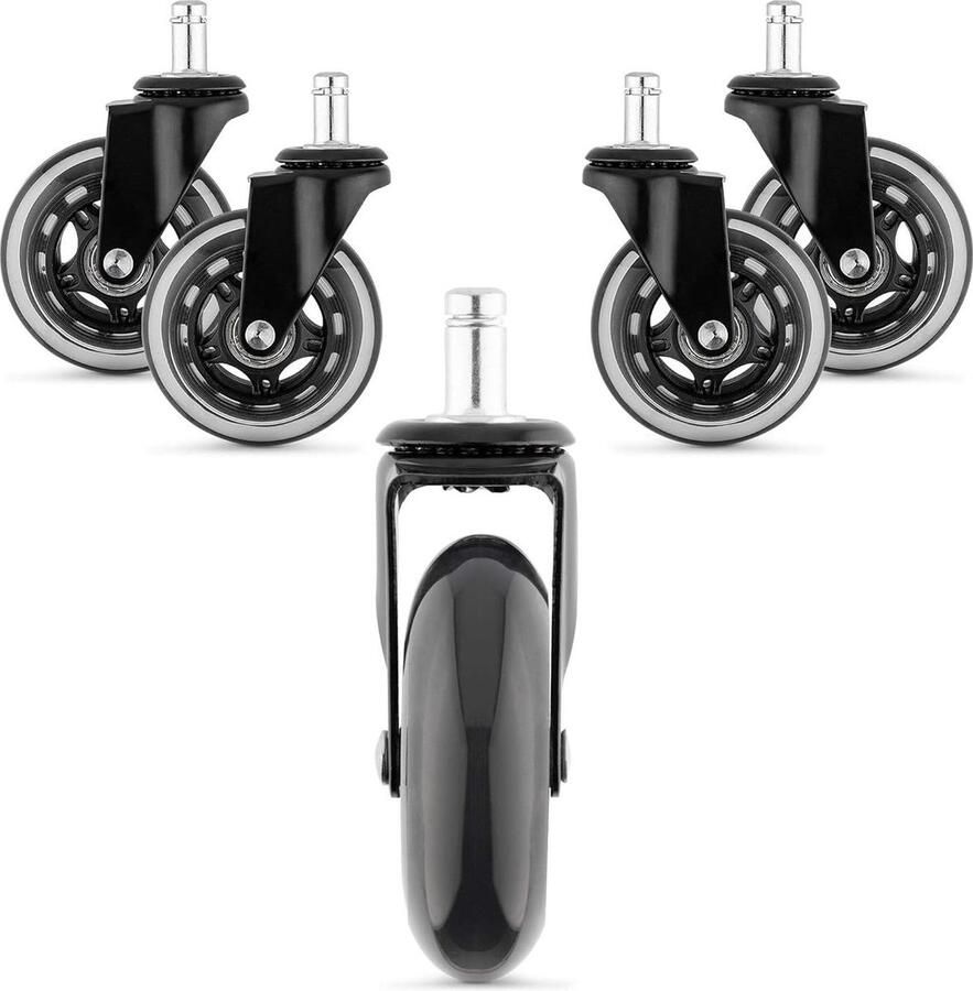 5x bureaustoelwieltjes 10 mm 75 mm Zwenkwielen voor meubels Set van 5 Vervangende wieltjes 360° draaibaar Zwart-Transparant