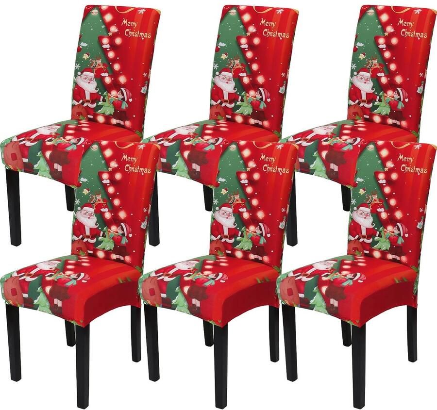 6-delige Kerst Stoelhoezen Set Stretch Eetkamerstoel Slipcover met Kerstboom Motief Stoelbeschermer Covers voor Kerstmis in Rood Geschikt voor Eetkamer Hotel Keuken Feest decoratie