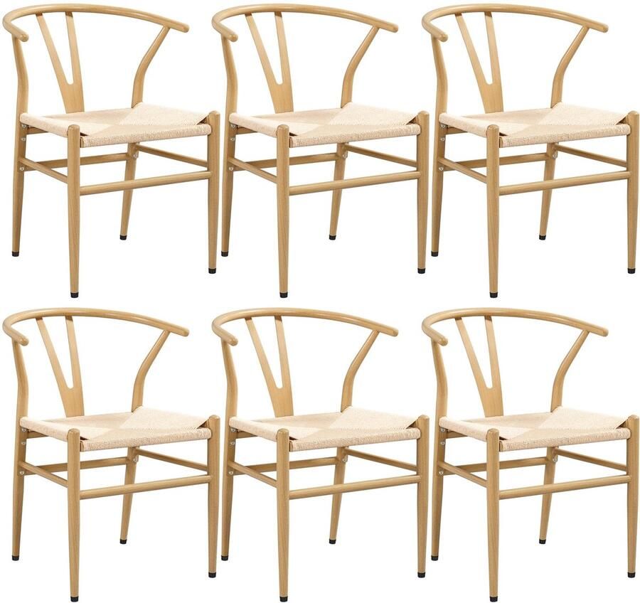 6-delige middeleeuwse stijl eetkamerstoelen Y-stoel Metalen frame draagarm stoel rotan stoel tot 150 kg belastbaar houtkleur