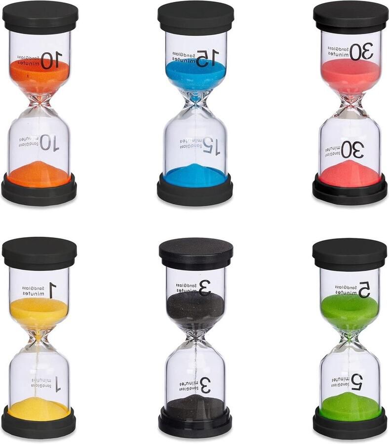 6-delige set douchetimers zandlopers met 1 3 5 10 15 30 min tandenpoetstimers kleurrijk 11 x 45 cm