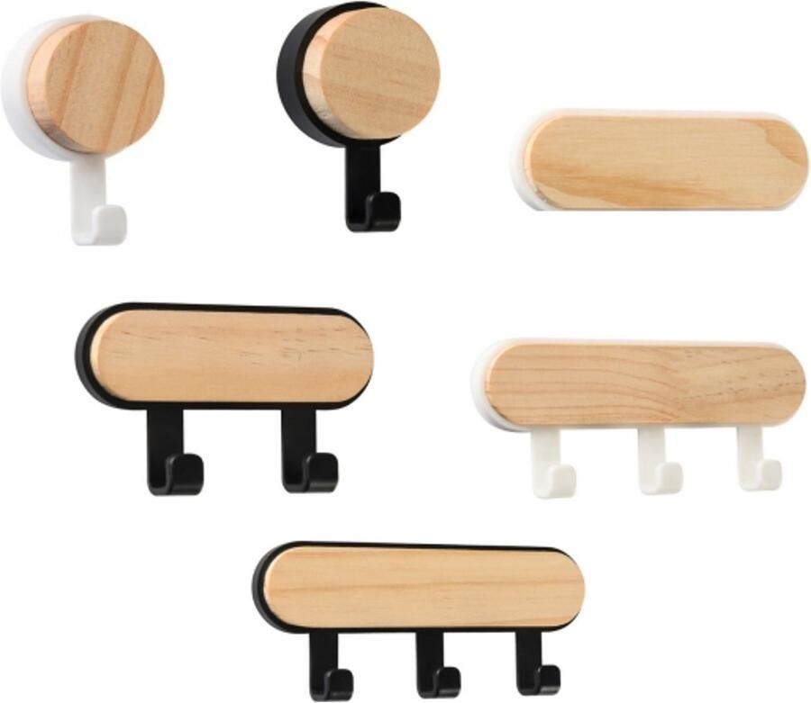 6-delige set houten haken kledinghaken zonder ponsen deurhaken tassenhaken kapstokhaken keukenhaken multifunctionele haken muurhaken