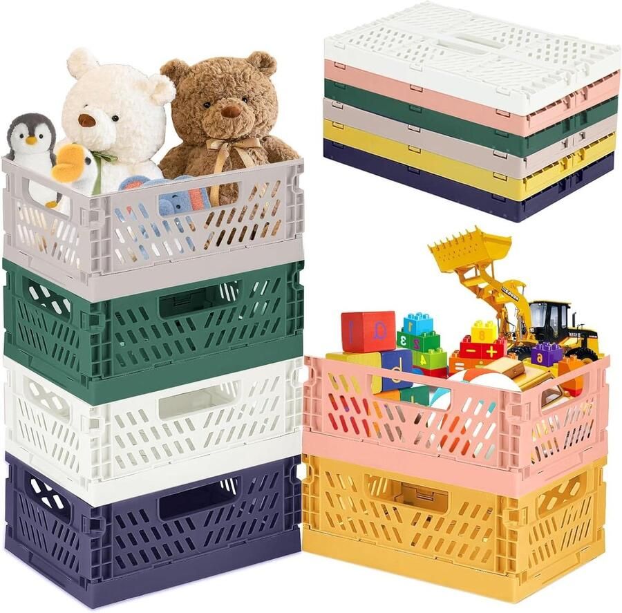 6-delige set opvouwbare kunststof opbergdozen Stapelbare opvouwbare opbergmanden voor keuken slaapkamer studie kantoor tuin (42 x 28 x 16 cm)