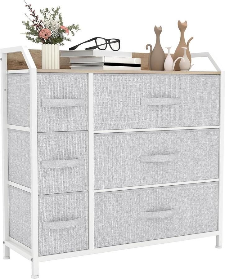 6 Drawer Fabric Dressers with Easy Pull Handle Sturdy Steel Frame Storage Drawers for Bedroom Kids Room Closet Light Grey