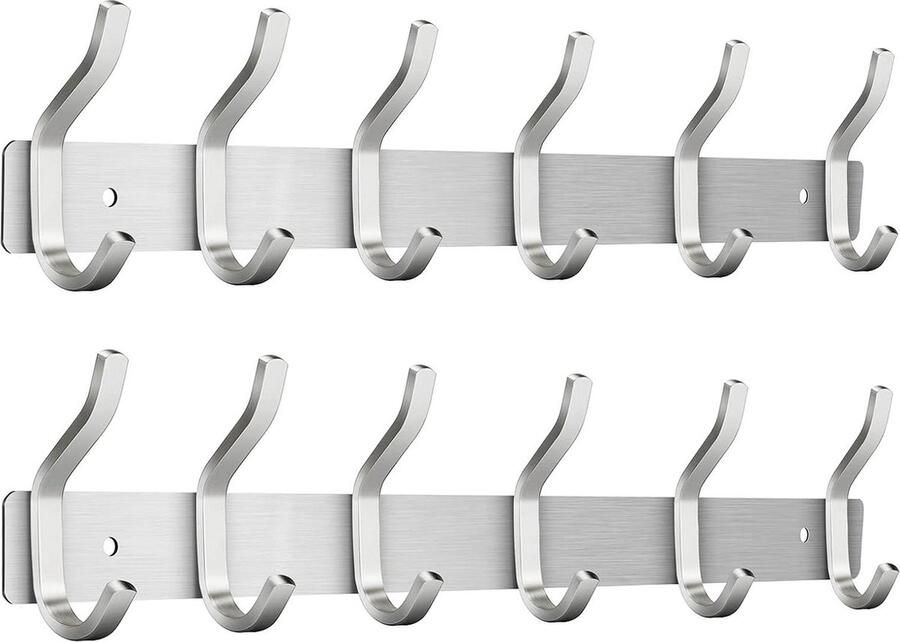 6-haaks Wandkapstok van Roestvrij Staal voor Handdoeken Zilverkleurig Set van 2