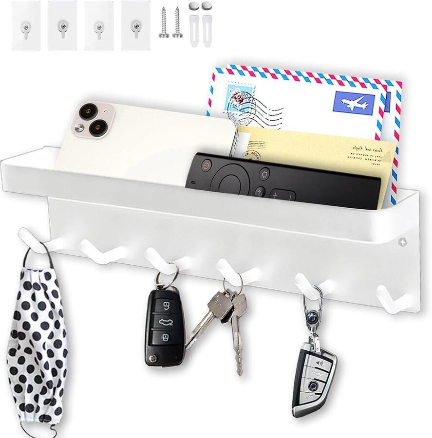 6 Haken Wand Sleutelhouder met Plank Multifunctioneel Zelfklevend en Roestbestendig