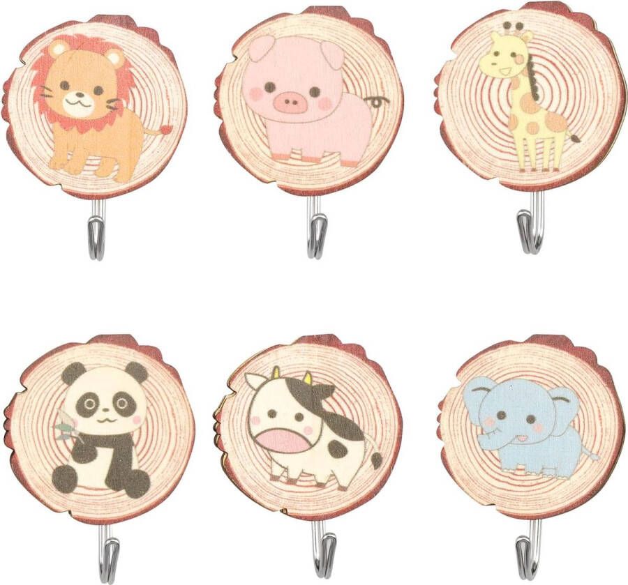 6 houten kinderkledinghaken Zelfklevende kledinghaken voor kinderen Dieren thema Handig voor handdoeken en sleutels