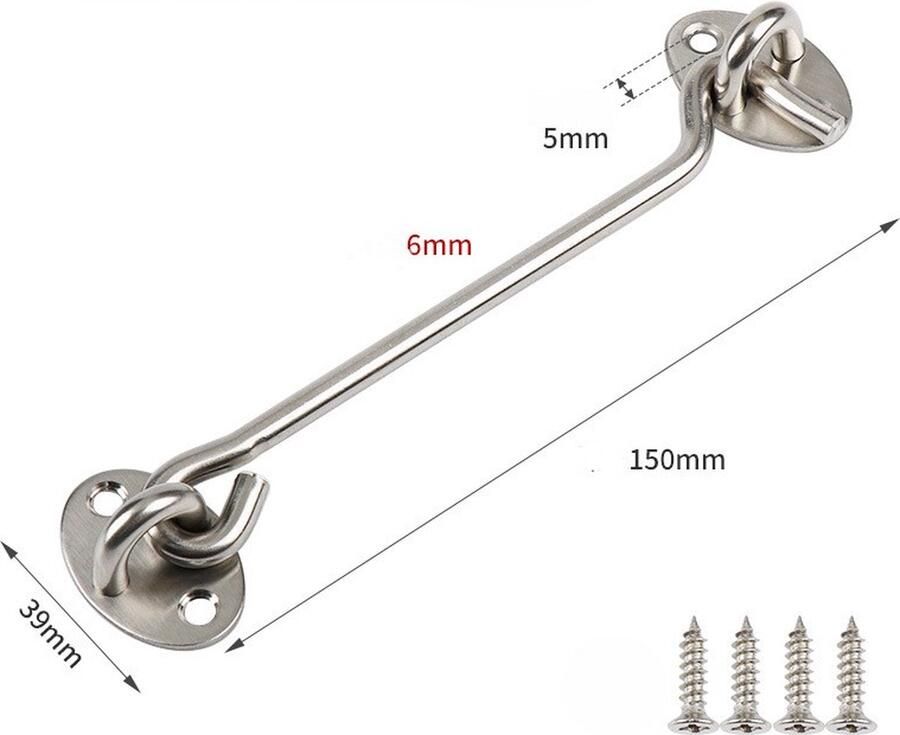 6 inch privacy haak en oog grendel voor schuurdeur roestvrijstalen poortgrendel schuurdeurslot huthaken voor poortluiken raamschuif schuur kast badkamer (2-pack) zilver 6in - Foto 2